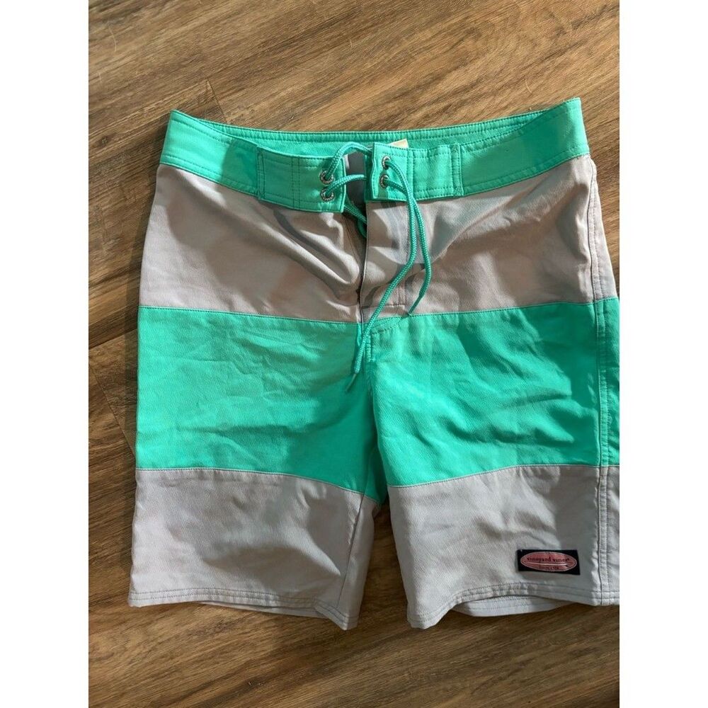 Vineyard Vines boys Youth Turquoise and Light Gray Stripe Swim Trunks Large 16